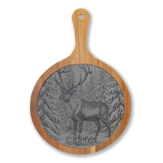 Reindeer in Snow Personalized Engraved Round Charcuterie Board with Handle