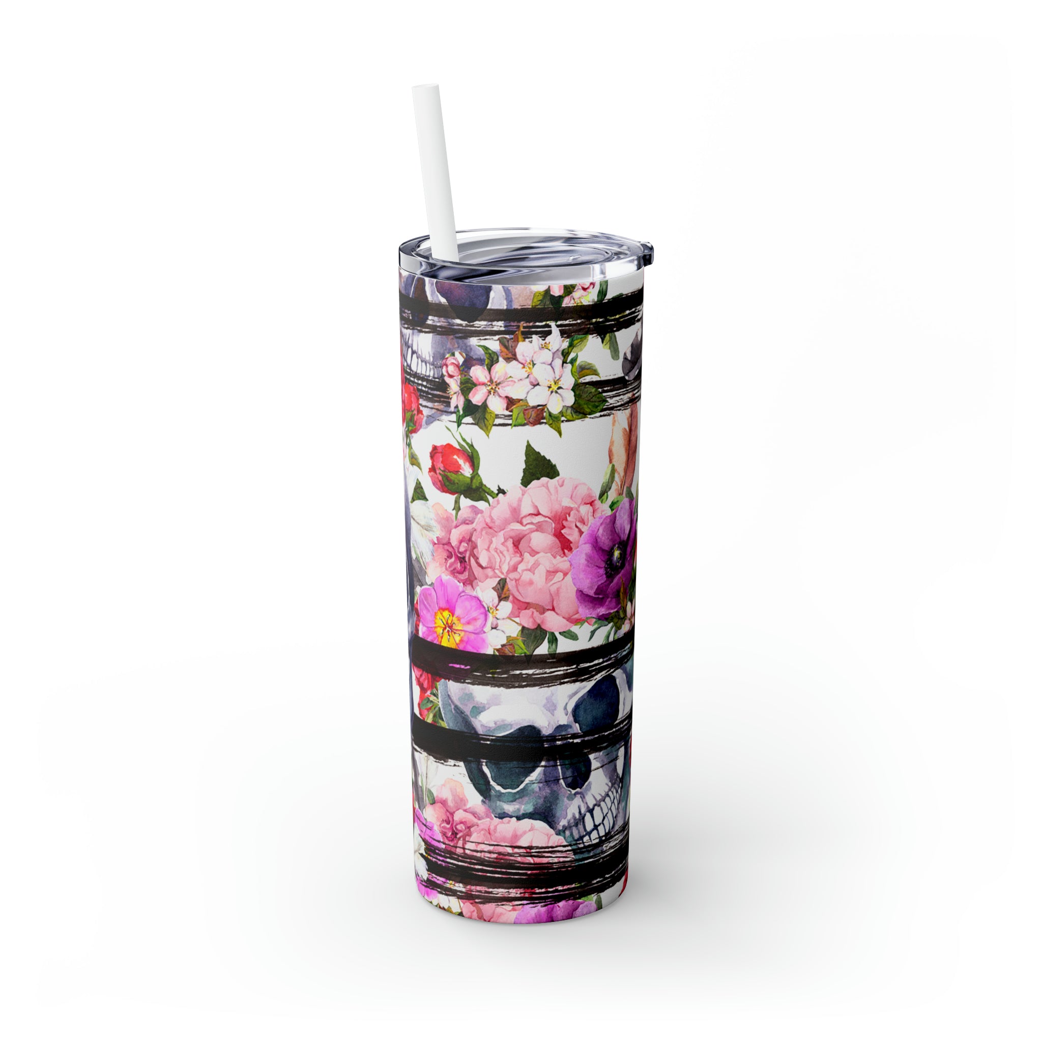 Skulls Floral Skinny Steel Tumbler with Straw, 20oz Skulls Floral Skinny Steel Tumbler with Straw, 20oz