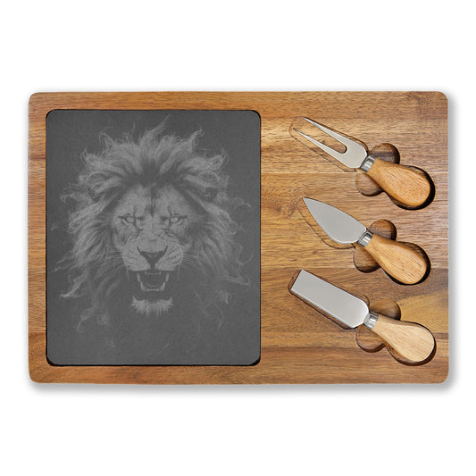 Lion Smoke Engraved Charcuterie Board with Slate Inset & 3 Cheese Knives