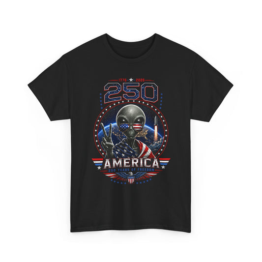 Alien Peace Sign USA 250 Anniversary Distressed Patriotic Basic T-Shirt - Unisex
