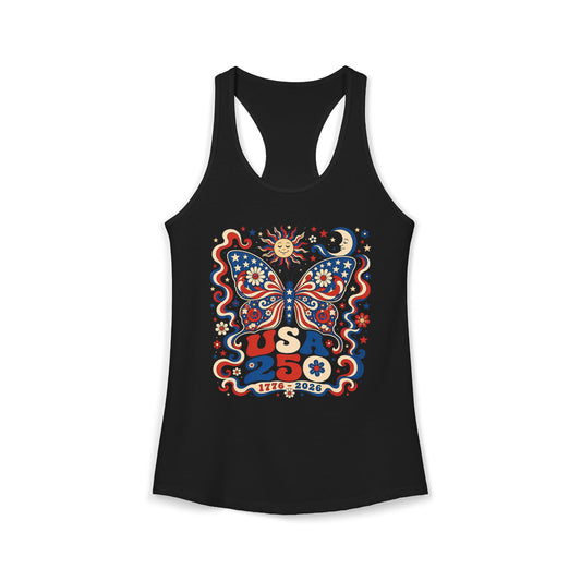 Butterfly Floral USA 250 1776 2026 Retro Patriotic Basic Racerback Tank Top - Women's