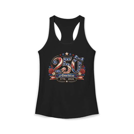 Feminine Bow 250 America 1776 2026 Floral Patriotic Basic Racerback Tank Top - Women's