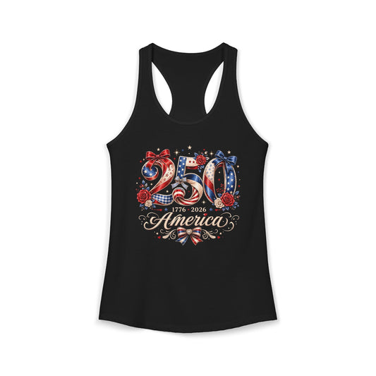 Rose Bow America 250 1776 2026 Floral Patriotic Basic Racerback Tank Top - Women's