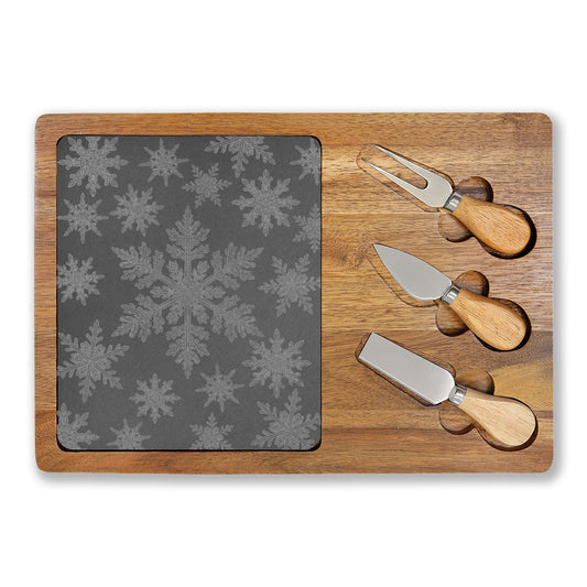 Snowflakes Engraved Charcuterie Board with Slate Inset & 3 Cheese Knives
