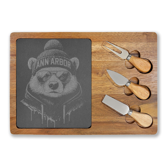 Winter Wolverine MI Engraved Charcuterie Board with Slate Inset & 3 Cheese Knives