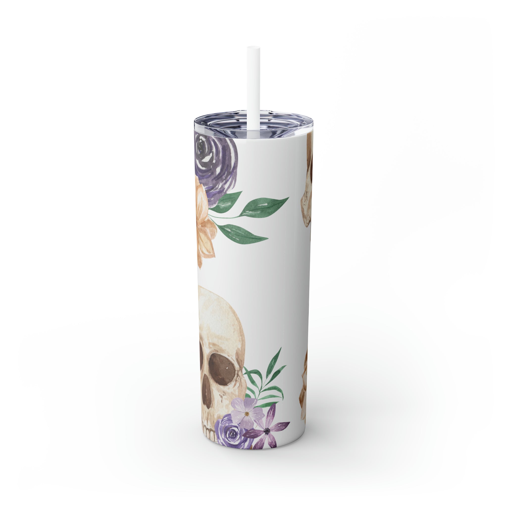 Skulls Floral Skinny Steel Tumbler with Straw, 20oz Skulls Floral Skinny Steel Tumbler with Straw, 20oz