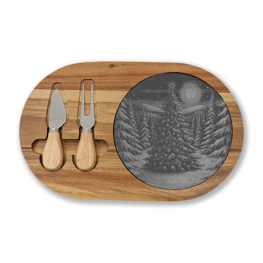 Christmas Tree Engraved Charcuterie Board with Slate Insert & Cheese Knives