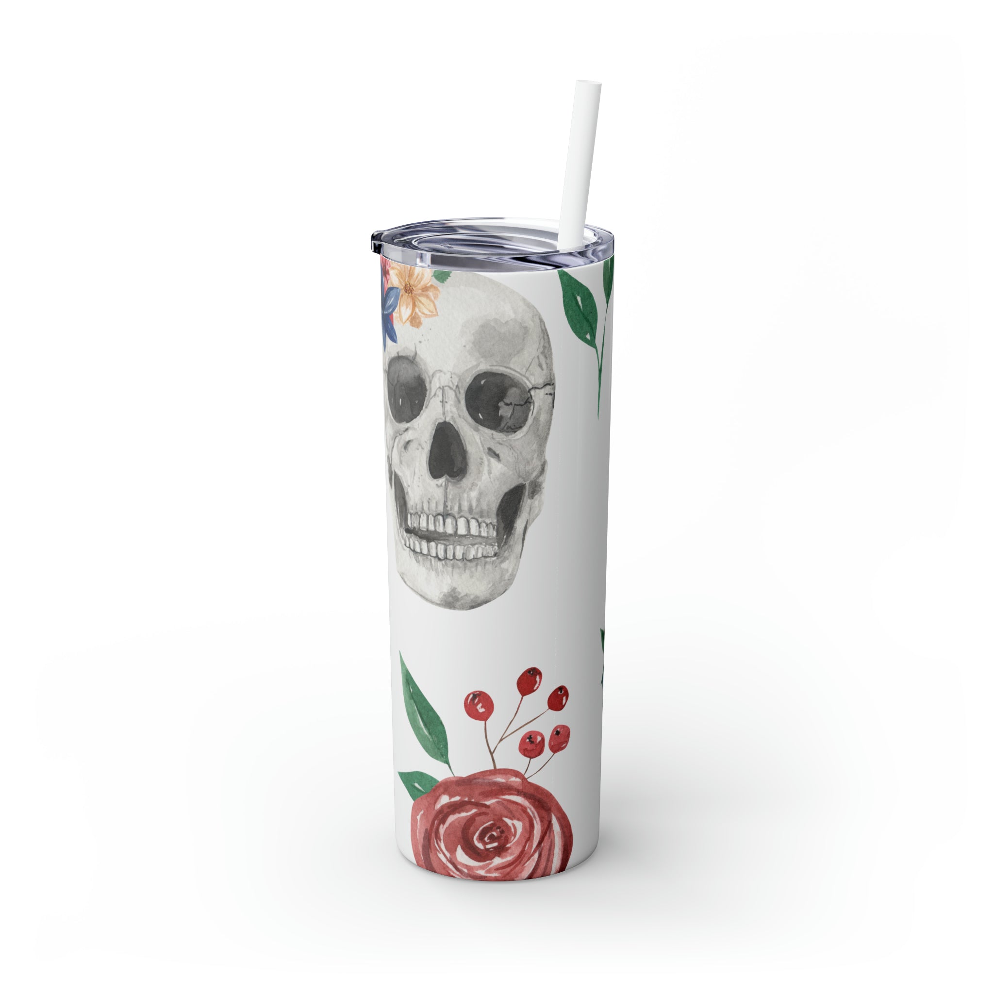 Skulls Floral Skinny Steel Tumbler with Straw, 20oz Skulls Floral Skinny Steel Tumbler with Straw, 20oz