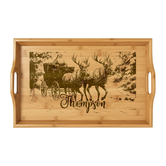Santa Sleigh with Reindeer Personalized Engraved Bamboo Serving Tray