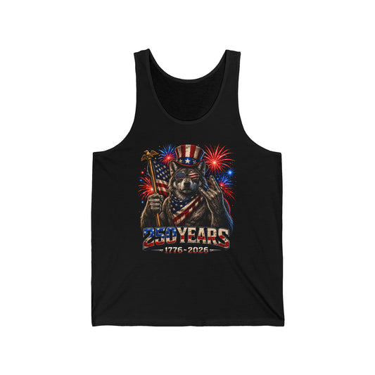 Wolf Flag Fireworks 250th Anniversary Funny Patriotic Grunge Basic Tank Top - Unisex