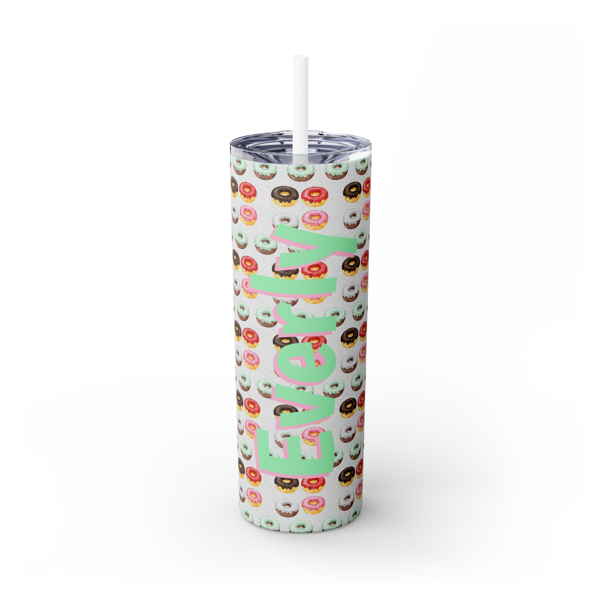 Donuts Personalized Skinny Steel Tumbler with Straw, 20oz Donuts Personalized Skinny Steel Tumbler with Straw, 20oz