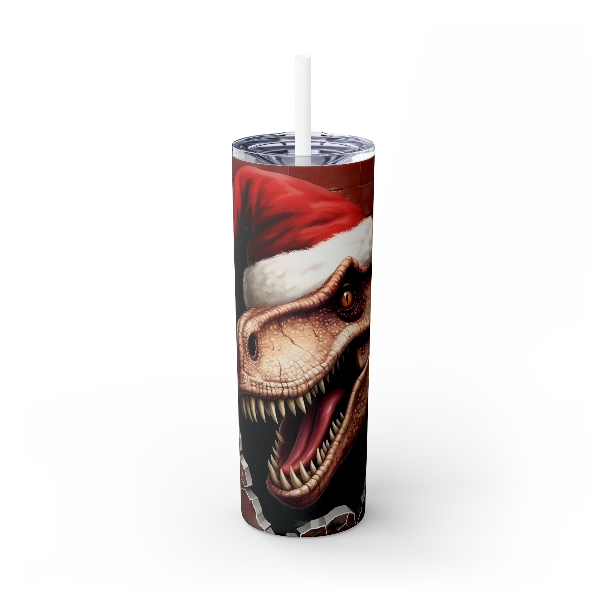 3D Christmas T-Rex Skinny Steel Tumbler with Straw, 20oz 3D Christmas T-Rex Skinny Steel Tumbler with Straw, 20oz