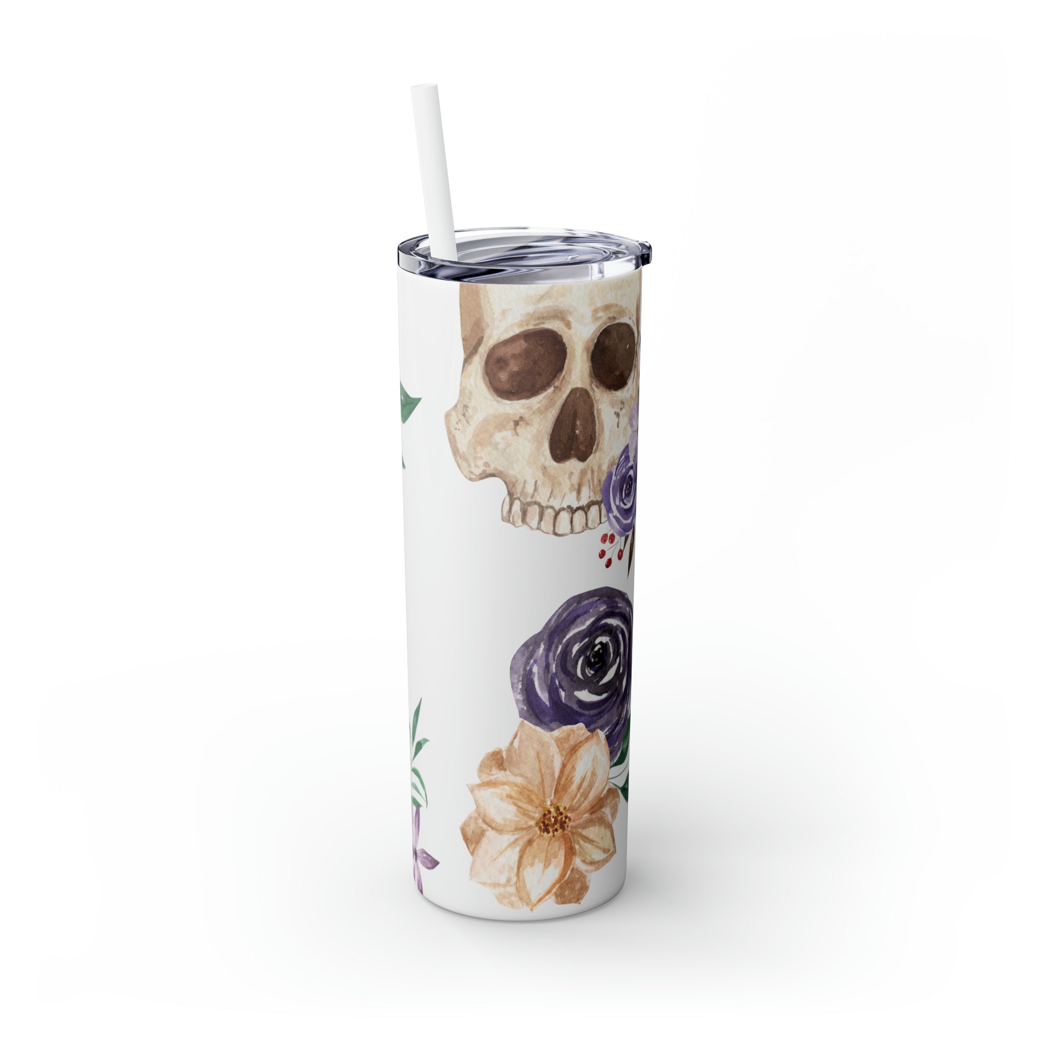 Skulls Floral Skinny Steel Tumbler with Straw, 20oz Skulls Floral Skinny Steel Tumbler with Straw, 20oz