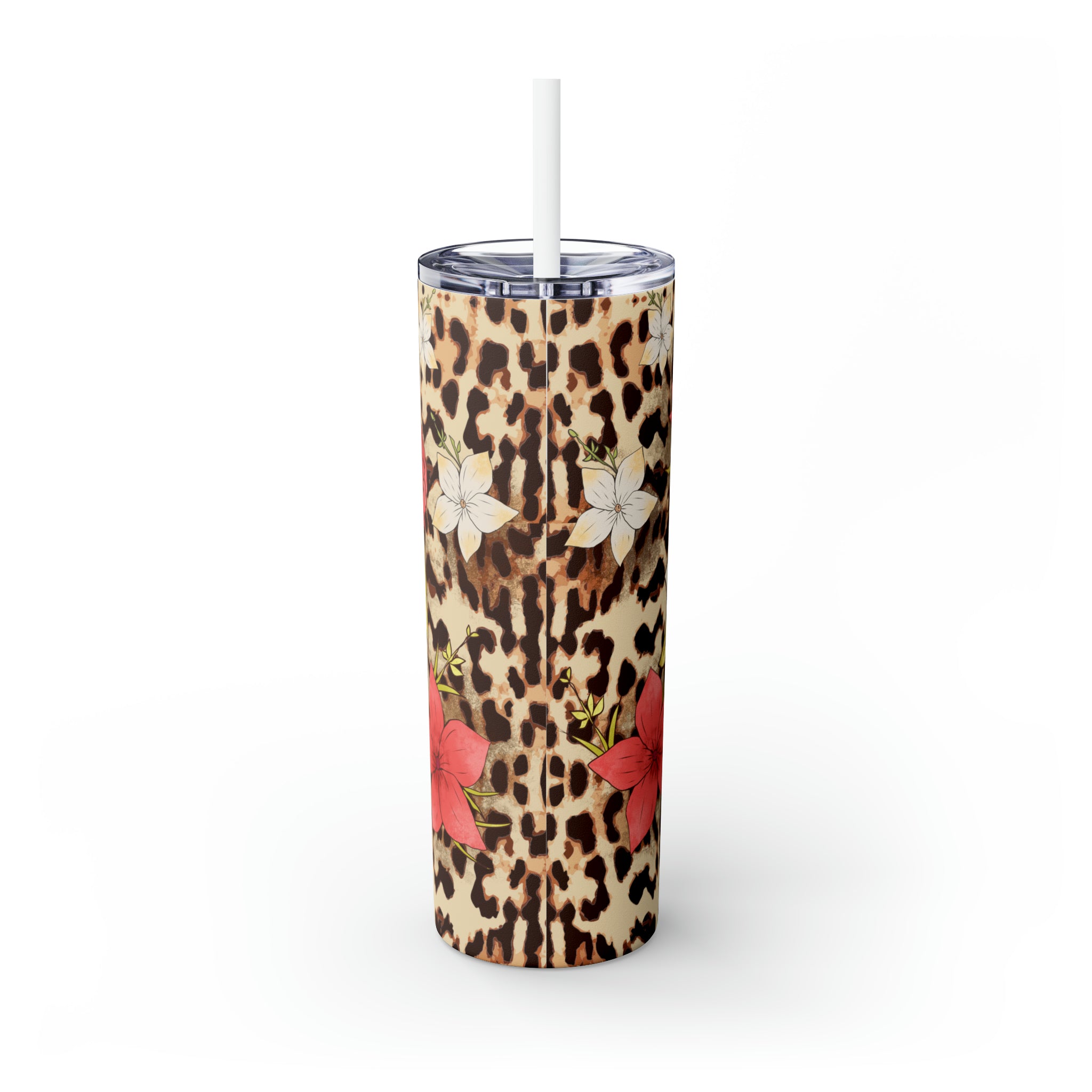 Leopard Pattern with Flowers Skinny Steel Tumbler with Straw, 20oz Leopard Pattern with Flowers Skinny Steel Tumbler with Straw, 20oz