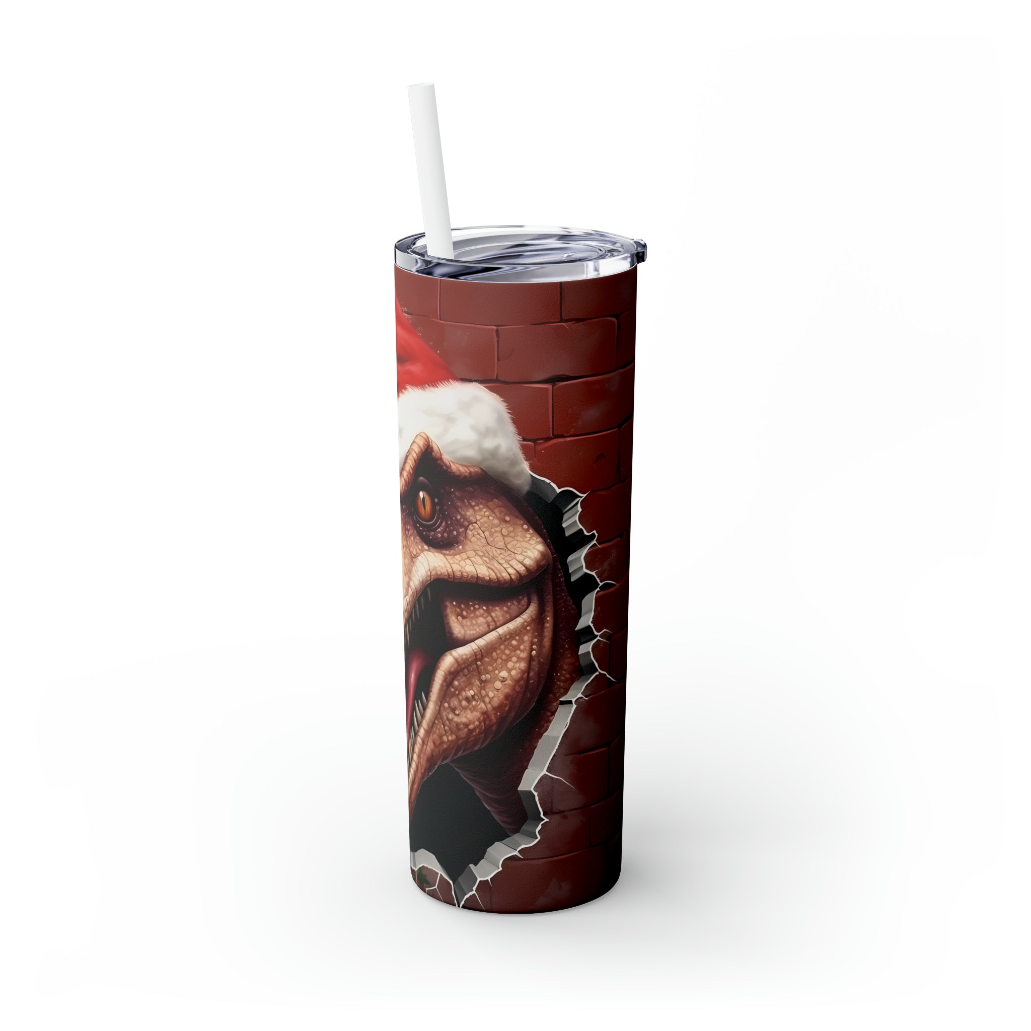 3D Christmas T-Rex Skinny Steel Tumbler with Straw, 20oz 3D Christmas T-Rex Skinny Steel Tumbler with Straw, 20oz