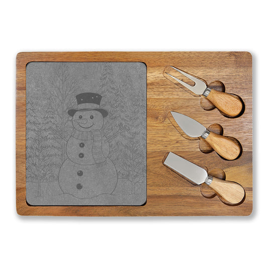 Snowman Happy Holidays Engraved Charcuterie Board with Slate Inset & 3 Cheese Knives