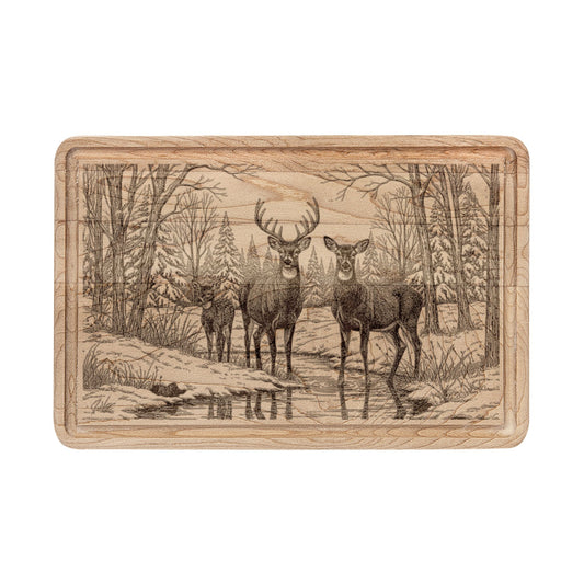 Deer Family in Snow Engraved Wooden Cutting Board