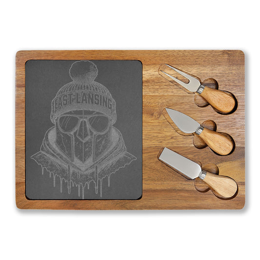 Michigan Winter Warrior Engraved Charcuterie Board with Slate Inset & 3 Cheese Knives