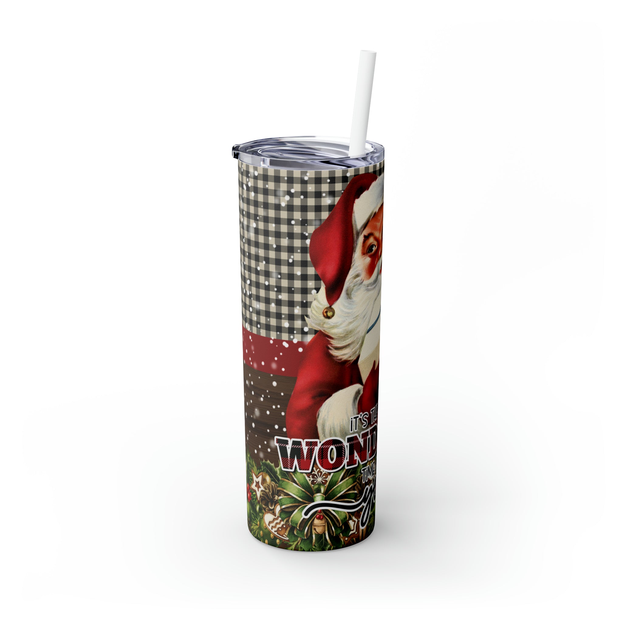 Vintage Santa Wonderful Time Skinny Steel Tumbler with Straw, 20oz Vintage Santa Wonderful Time Skinny Steel Tumbler with Straw, 20oz