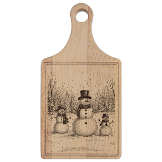 Snowman Trio in Forest Engraved Wooden Cutting Board Paddle w Handle