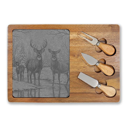 Deer Family in Snow Engraved Charcuterie Board with Slate Inset & 3 Cheese Knives
