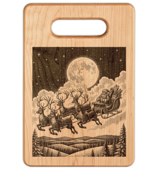 Santa Sleigh Flying Moon Engraved Wooden Cutting Board Rectangle Handle