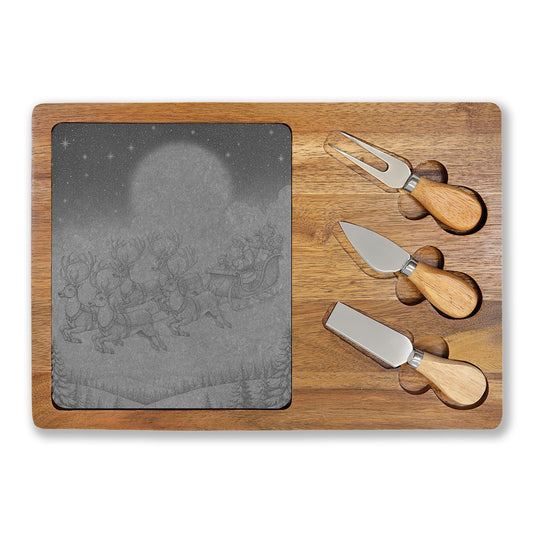 Santa Sleigh Flying Moon Engraved Charcuterie Board with Slate Inset & 3 Cheese Knives