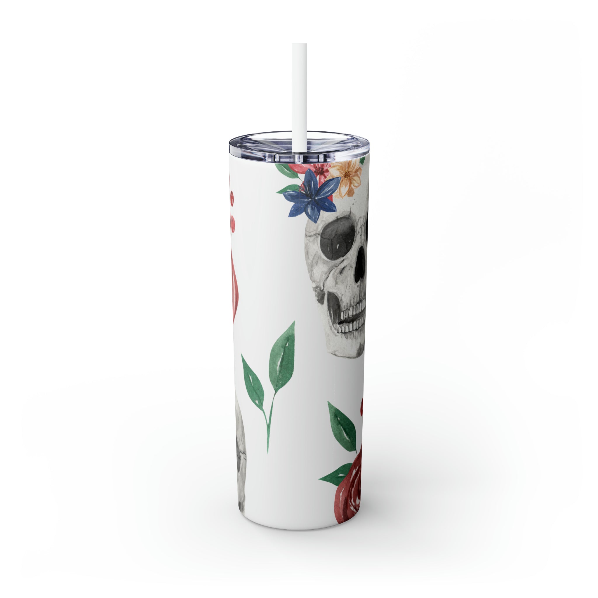 Skulls Floral Skinny Steel Tumbler with Straw, 20oz Skulls Floral Skinny Steel Tumbler with Straw, 20oz
