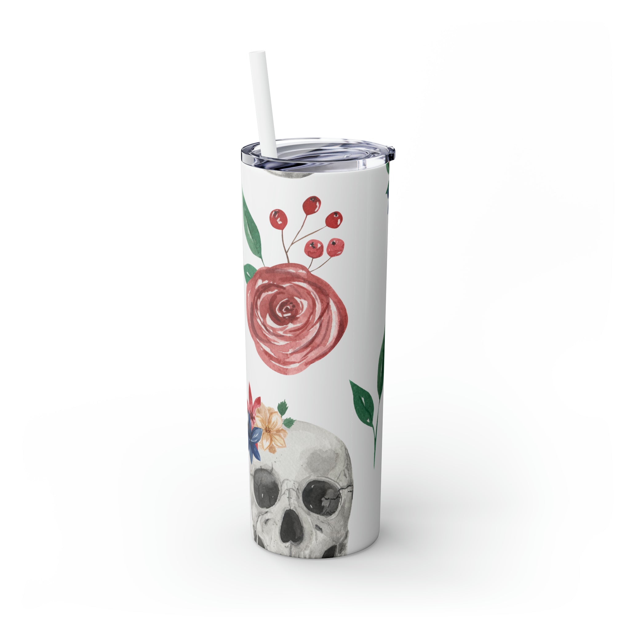 Skulls Floral Skinny Steel Tumbler with Straw, 20oz Skulls Floral Skinny Steel Tumbler with Straw, 20oz