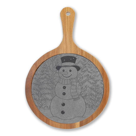 Snowman Happy Holidays Engraved Round Charcuterie Board with Handle