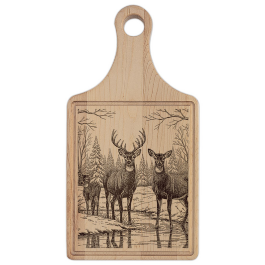 Deer Family in Snow Engraved Wooden Cutting Board Paddle w Handle