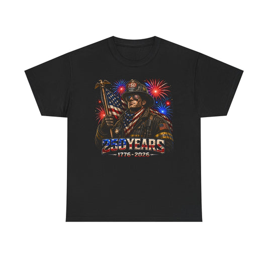 Firefighter Flag Fireworks 250th Anniversary Distressed Patriotic Basic T-Shirt - Unisex