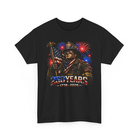 Firefighter Flag Fireworks 250th Anniversary Distressed Patriotic Basic T-Shirt - Unisex