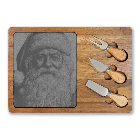 Santa Portrait Engraved Charcuterie Board with Slate Inset & 3 Cheese Knives