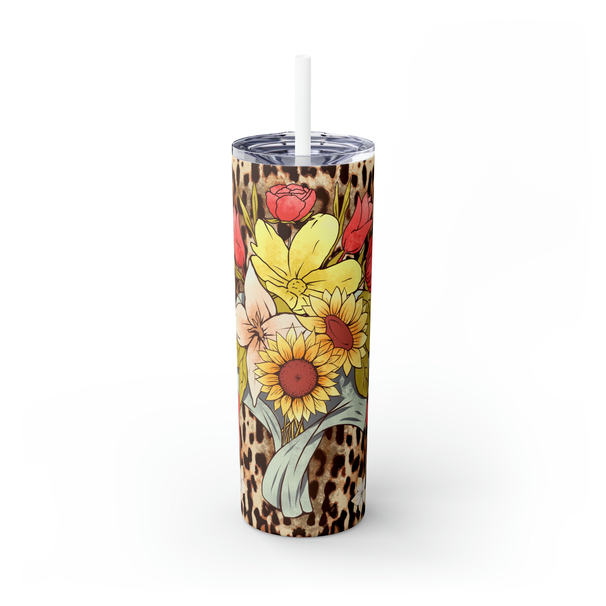 Leopard Pattern with Flowers Skinny Steel Tumbler with Straw, 20oz Leopard Pattern with Flowers Skinny Steel Tumbler with Straw, 20oz
