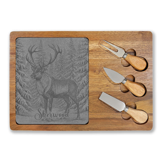 Reindeer in Snow Personalized Engraved Charcuterie Board with Slate Inset & 3 Cheese Knives