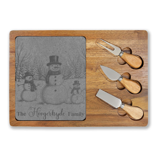 Snowman Trio in Forest Personalized Engraved Charcuterie Board with Slate Inset & 3 Cheese Knives