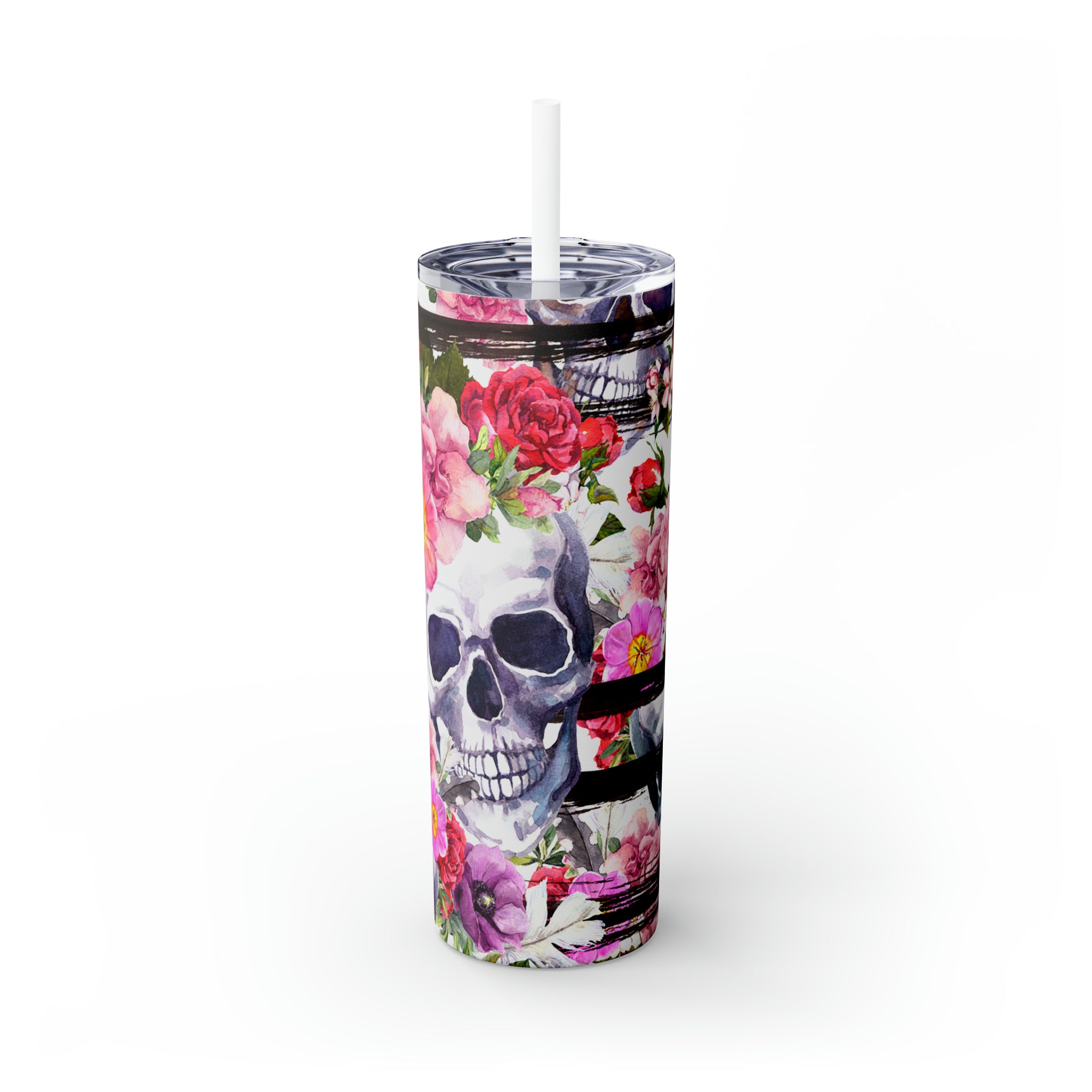 Skulls Floral Skinny Steel Tumbler with Straw, 20oz Skulls Floral Skinny Steel Tumbler with Straw, 20oz