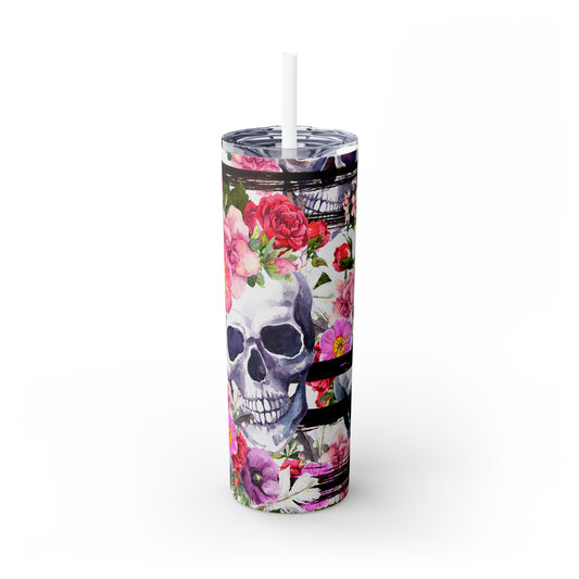 Skulls Floral Skinny Steel Tumbler with Straw, 20oz