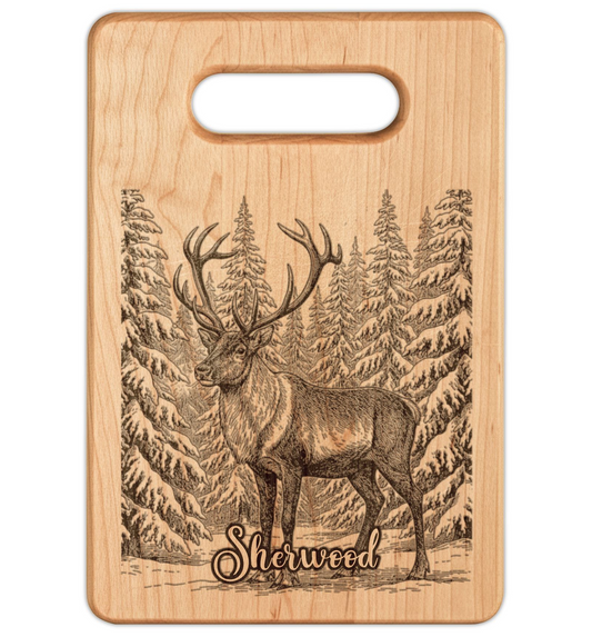 Reindeer in Snow Personalized Engraved Wooden Cutting Board Rectangle Handle