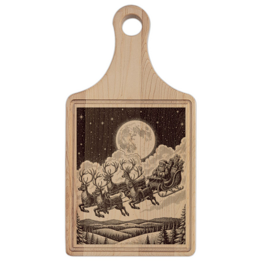 Santa Sleigh Flying Moon Engraved Wooden Cutting Board Paddle w Handle