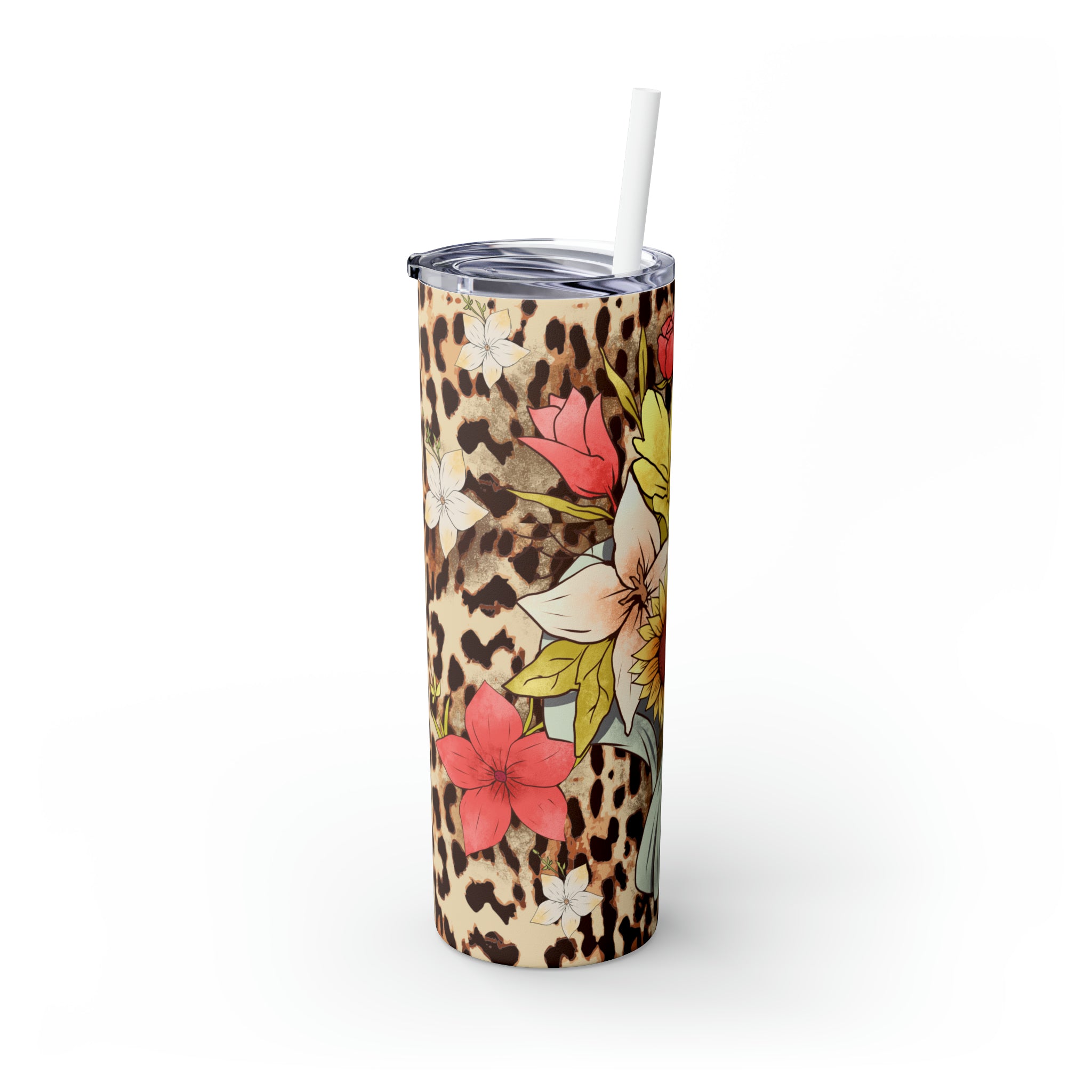 Leopard Pattern with Flowers Skinny Steel Tumbler with Straw, 20oz Leopard Pattern with Flowers Skinny Steel Tumbler with Straw, 20oz