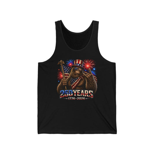 Sasquatch Flag Fireworks 250th Anniversary Funny Patriotic Basic Tank Top - Unisex