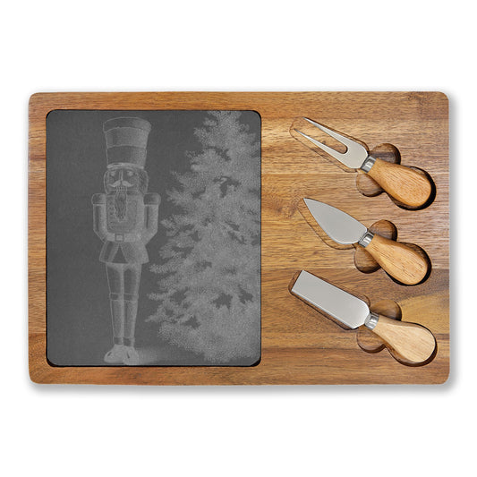 Nutcracker by Tree Engraved Charcuterie Board with Slate Inset & 3 Cheese Knives