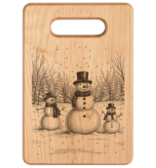Snowman Trio in Forest Engraved Wooden Cutting Board Rectangle Handle