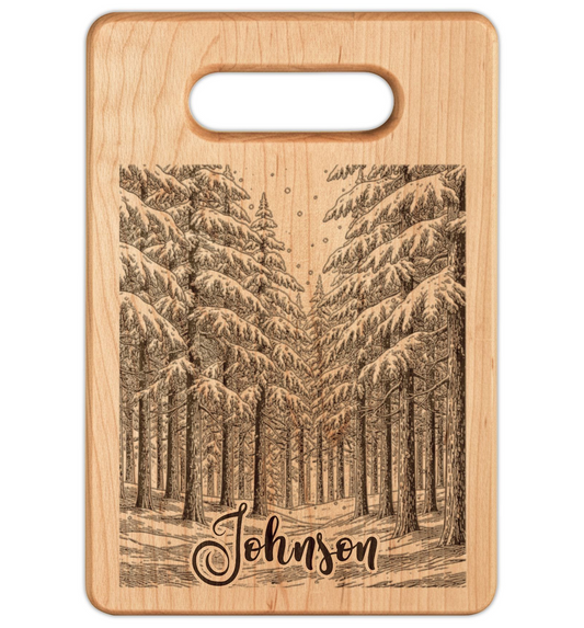 Winter Wonderland Forest Personalized Engraved Wooden Cutting Board Rectangle Handle