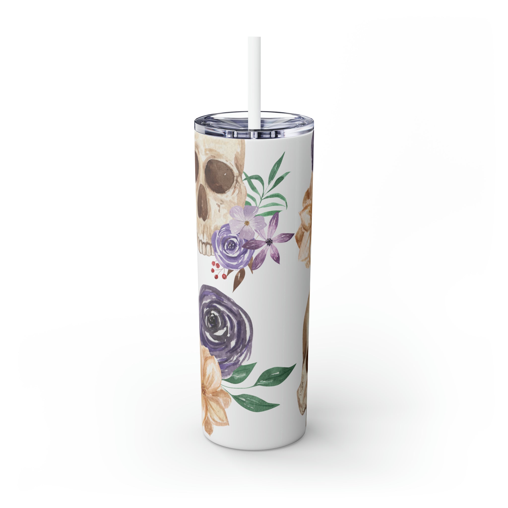 Skulls Floral Skinny Steel Tumbler with Straw, 20oz Skulls Floral Skinny Steel Tumbler with Straw, 20oz
