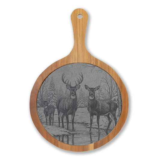 Deer Family in Snow Engraved Round Charcuterie Board with Handle