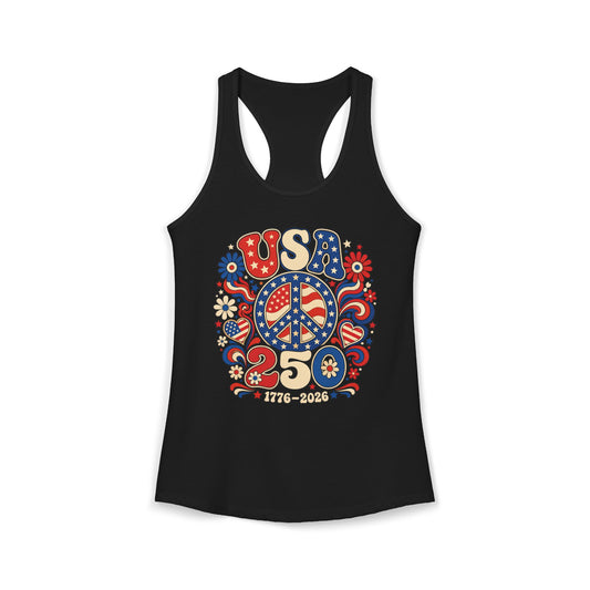 Peace Sign USA 250 1776 2026 Retro Patriotic Basic Racerback Tank Top - Women's