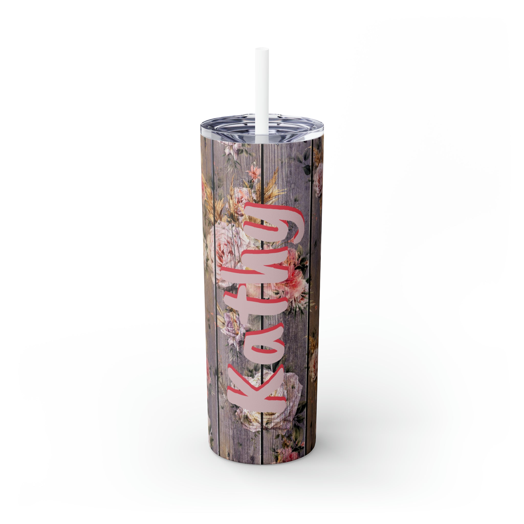 Floral Personalized Skinny Steel Tumbler with Straw, 20oz Floral Personalized Skinny Steel Tumbler with Straw, 20oz